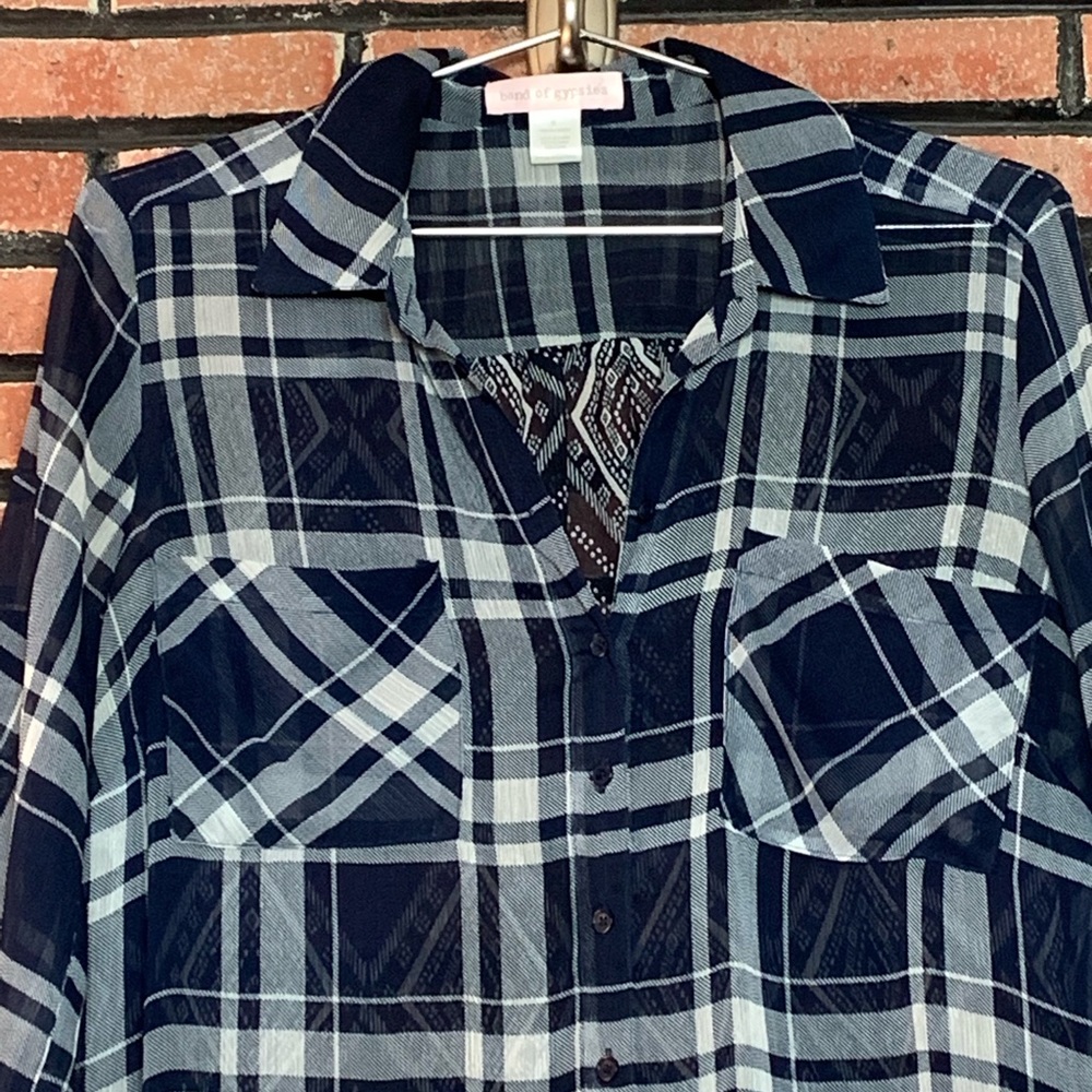 Band Of Gypsies Navy & White Button Down Top SZ-S - Picture 2 of 6